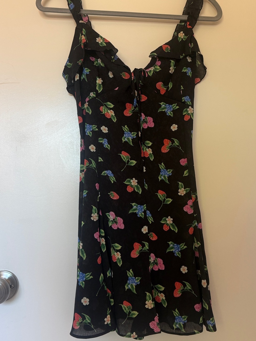 Zara Black Mini Dress with Red Strawberry & Multicolor Floral Print